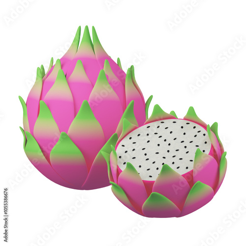 Ripe, red dragon fruit isolated on a white background, perfect for healthy, tropical recipes, 3d rendering
