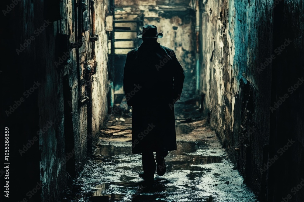 A lone figure navigates a dimly lit alley at night, dressed in black coat and hat A lone figure navigates a dimly lit alley at night, dressed in black coat and hat