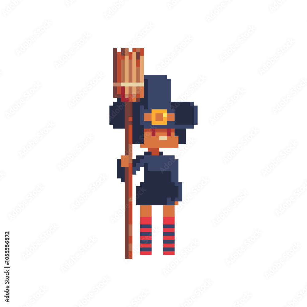 Halloween witch with a broom character party cute costume kids. Pixel art. Isolated vector illustration. Halloween witch with a broom character party cute costume kids. Pixel art. Isolated vector illustration.