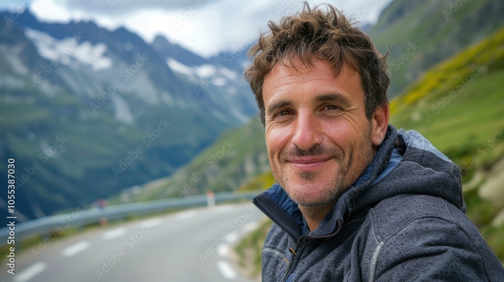 A person standing by the roadside taking a photo of themselves with the mountains in the background A person standing by the roadside taking a photo of themselves with the mountains in the background