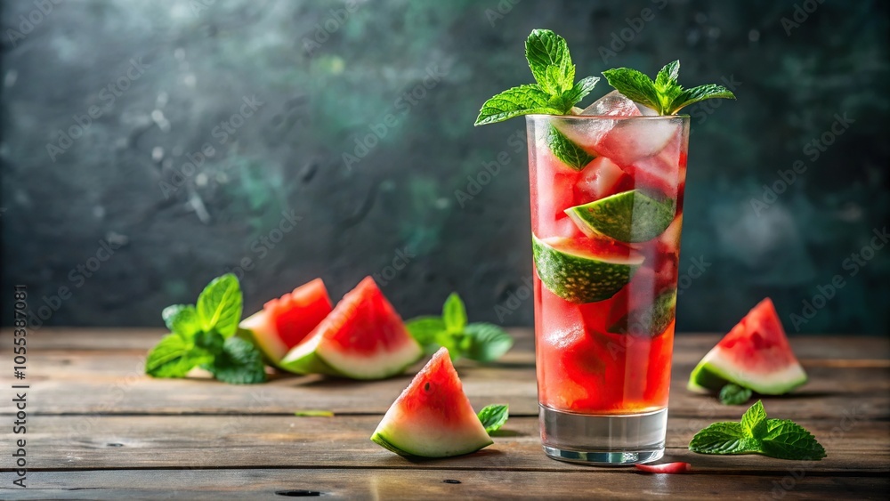 A refreshing summer cocktail with watermelon and mint leaves in a tall glass filled with ice, treats, thirst quencher, desserts, mint A refreshing summer cocktail with watermelon and mint leaves in a tall glass filled with ice, treats, thirst quencher, desserts, mint