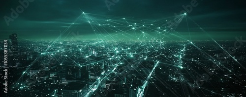 Network connecting points of a futuristic smart city at night