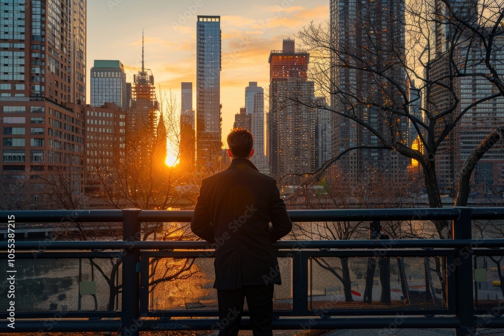 A person stands on a bridge, taking in the beauty of the setting sun A person stands on a bridge, taking in the beauty of the setting sun