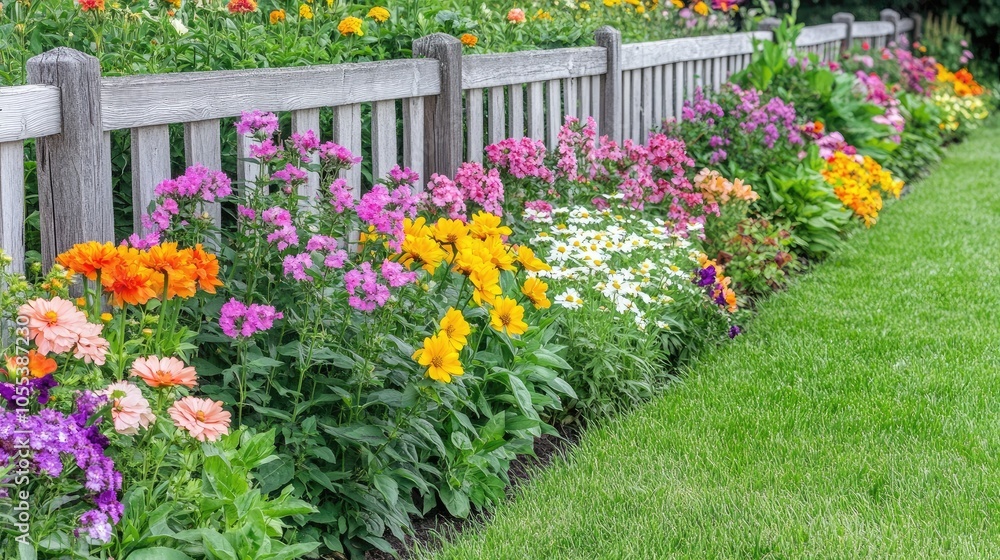Fototapeta premium Vibrant Flower Bed Along Wooden Fence