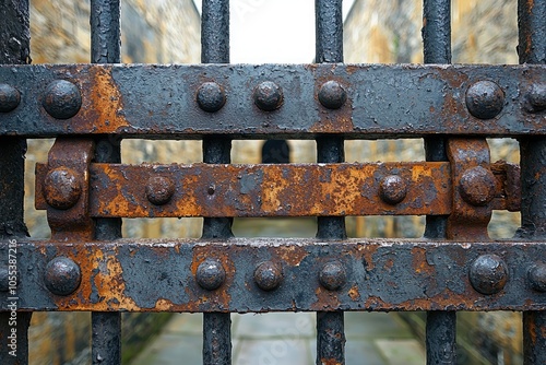 Close-up of a Rusty Metal Gate with Peeling Black Paint