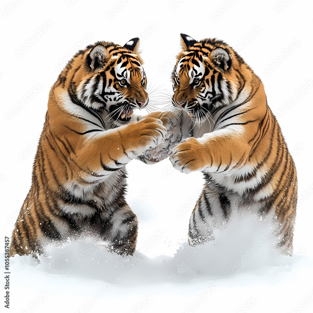 Obraz premium Tigers have powerful builds, bold orange fur with black stripes, and intense eyes. There is a sense of strength and grace about the tiger's face, with sharp features and a focused gaze.