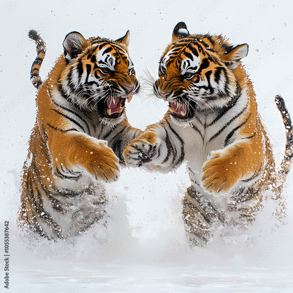 Obraz premium Tigers have powerful builds, bold orange fur with black stripes, and intense eyes. There is a sense of strength and grace about the tiger's face, with sharp features and a focused gaze.