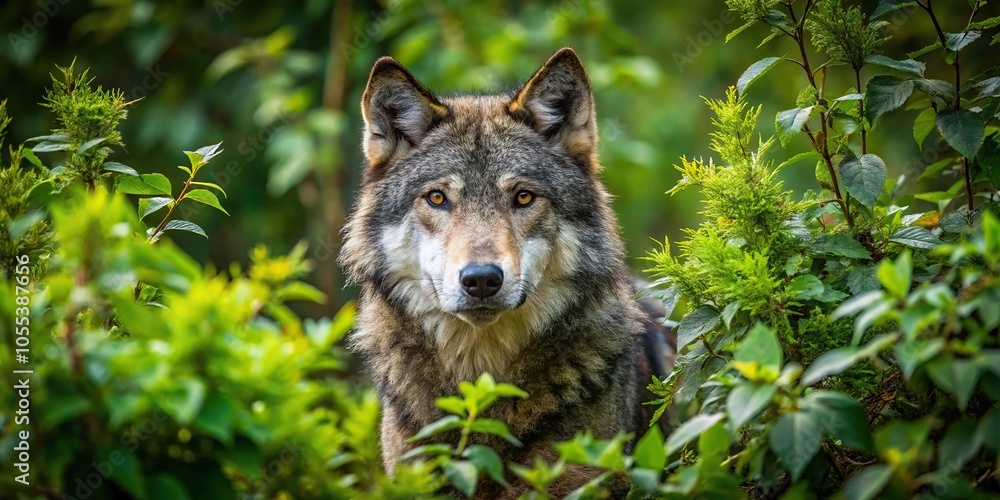 A panoramic view of a dense thicket of bushes and trees with a large wolf emerging from the underbrush with its ears perked up and tail twitching, movement, outdoors, wolf, wildlife A panoramic view of a dense thicket of bushes and trees with a large wolf emerging from the underbrush with its ears perked up and tail twitching, movement, outdoors, wolf, wildlife