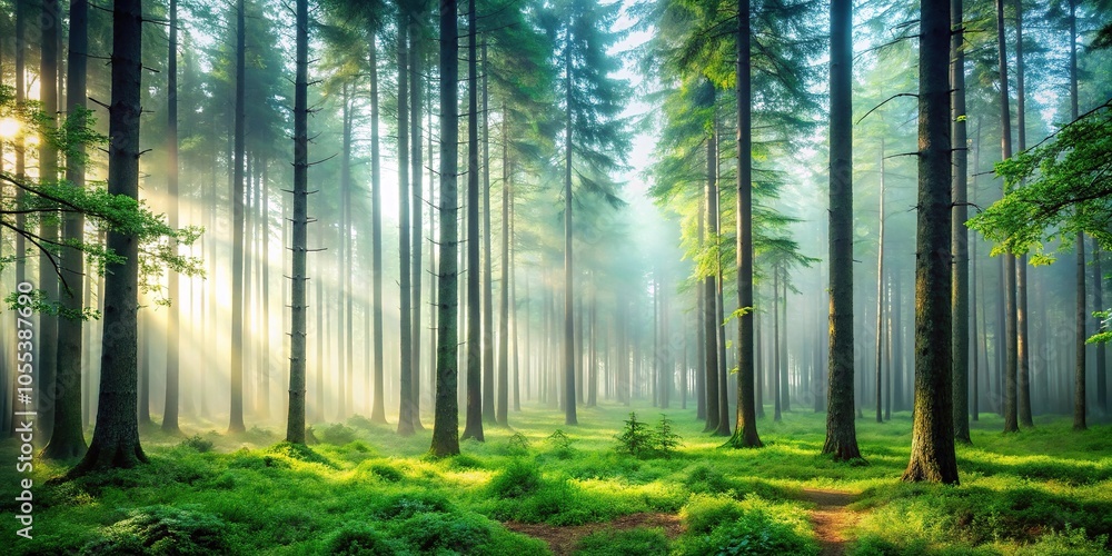 A serene forest landscape with tall trees and a misty atmosphere, leaves, serene environment, scenery A serene forest landscape with tall trees and a misty atmosphere, leaves, serene environment, scenery