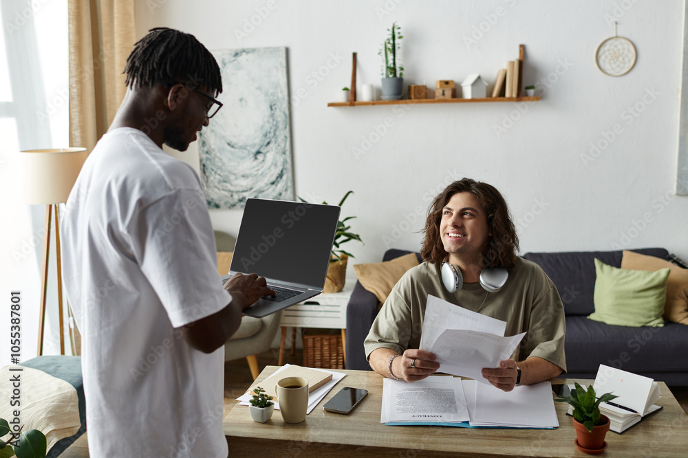 Two partners share a cozy moment at home, engaging in work while connecting and smiling. Two partners share a cozy moment at home, engaging in work while connecting and smiling.