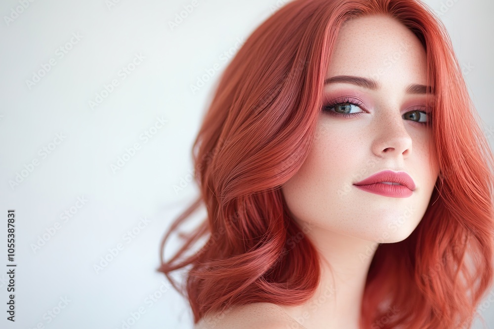 Red-haired woman with soft curls and subtle makeup. Red-haired woman with soft curls and subtle makeup.