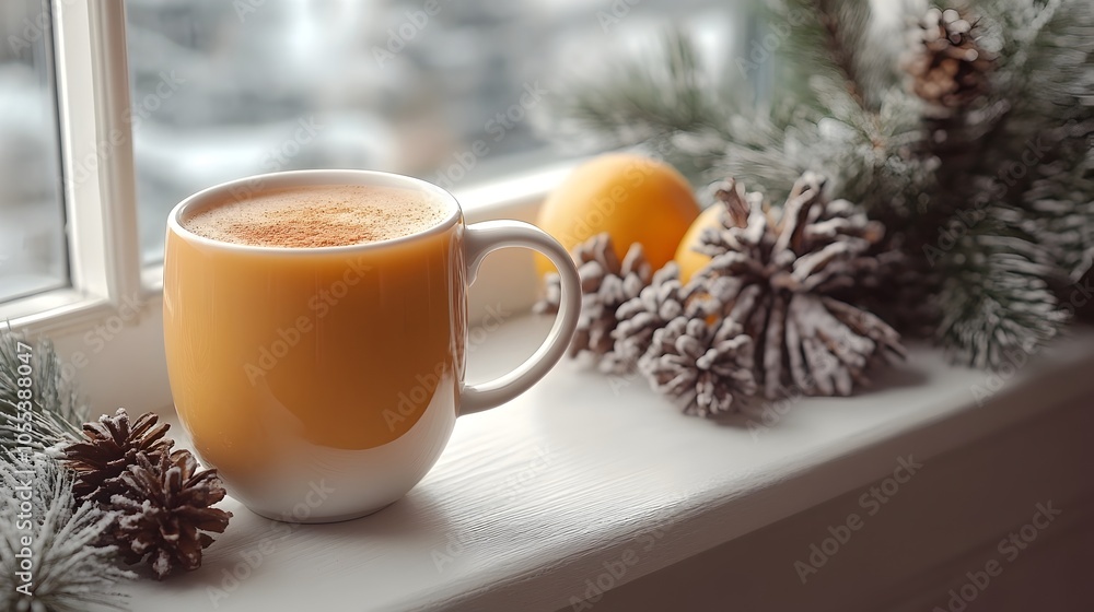 Warm Mug of Spiced Cider on Cozy Windowsill in Minimal Winter Style Warm Mug of Spiced Cider on Cozy Windowsill in Minimal Winter Style