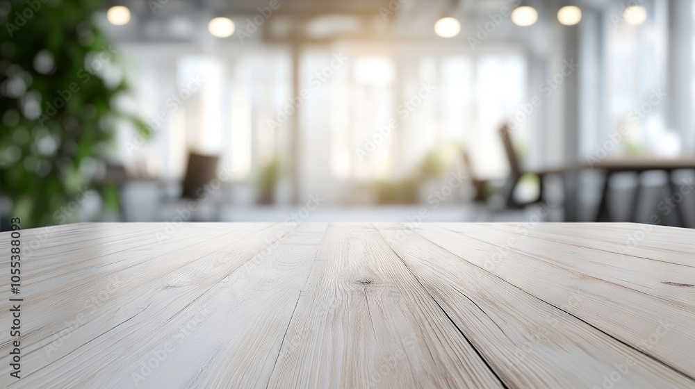 Bright modern office interior featuring white wood tabletop with soft blurred bokeh background for contemporary workspace design Bright modern office interior featuring white wood tabletop with soft blurred bokeh background for contemporary workspace design