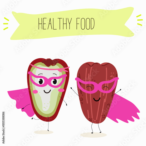 Cute chompu fruits, rose apple, Malabar plum characters, funny fruits, different activities. Flat vector illustration. Organic food, healthy food, illustrations for kids menu, invitations.