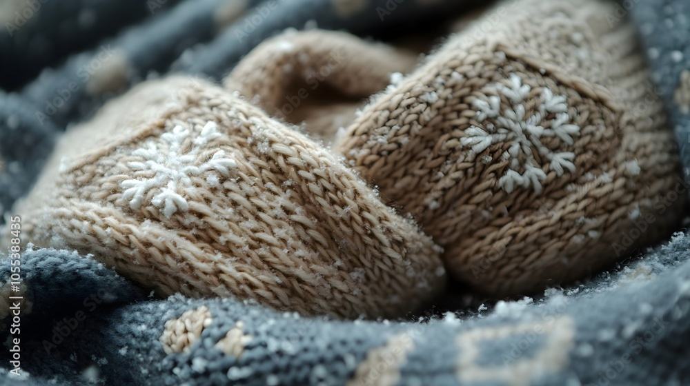Cozy Knitted Gloves with Resting Snowflakes Capturing a Simple Winter Moment Cozy Knitted Gloves with Resting Snowflakes Capturing a Simple Winter Moment