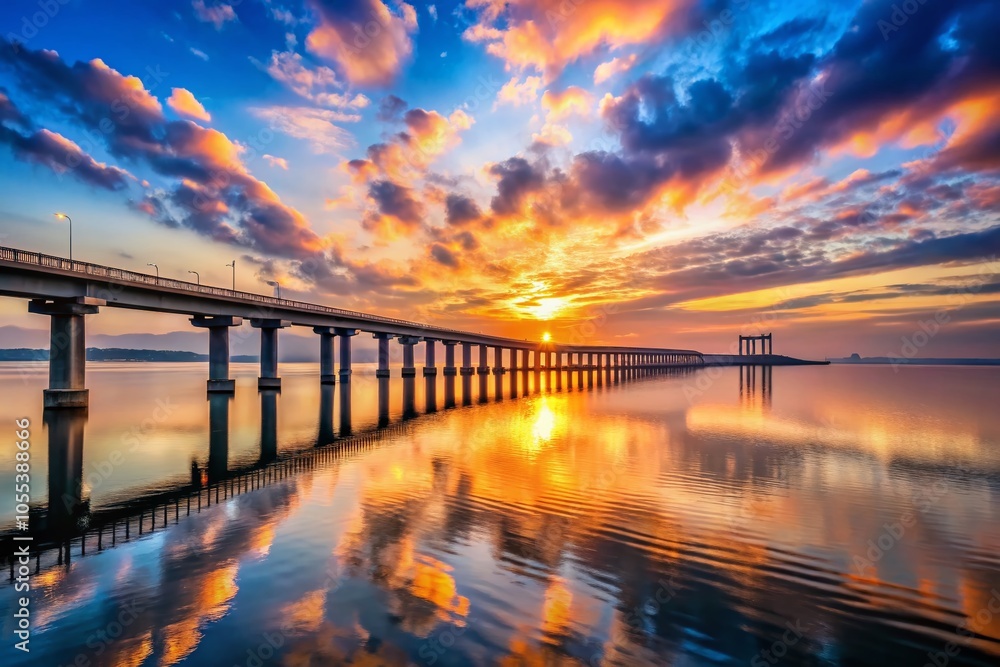 Fototapeta premium Breathtaking Sunrise Over a Bridge with Vibrant Pink and Purple Reflections on Water