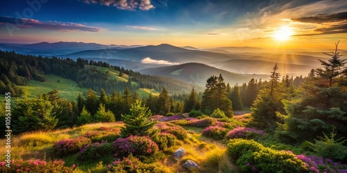 Breathtaking Morning Landscape in Karkonosze National Park, Giant Mountains, Poland with Bokeh Effect for Stunning