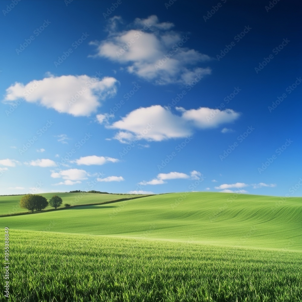 Obraz premium Serene Rolling Green Hills Under a Vibrant Blue Sky with Puffy White Clouds, Panoramic Landscape