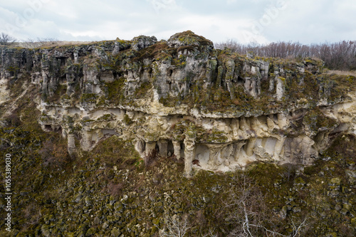 Aerial view of unique rock formations and stone pillars in a scenic landscape, Varna Province, Bulgaria. photo