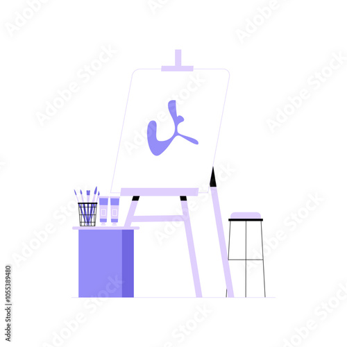 Art Easel With Canvas And Paintbrushes In Flat Vector Illustration Symbolizing Art Creation, Craft, And Studio Environment, Isolated On White Background.