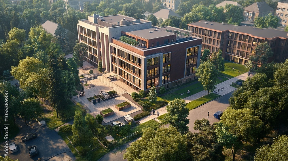 Fototapeta premium Realistic 3d architectural rendering of a modern office building nestled in a newly developed residential area with surrounding homes, green spaces, and community amenities