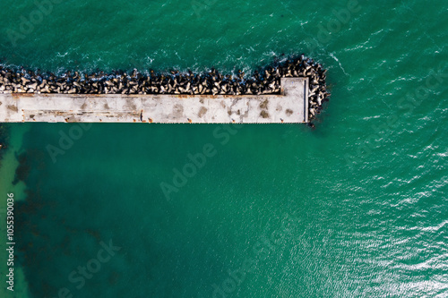 Aerial view of a serene fishing camp with docks and calm waters, Varna, Bulgaria. photo