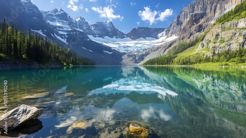 A mountain lake with crystal-clear water reflecting the snow-capped peaks