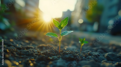 Small green sprout thriving under sun environmental conservation and growth concept