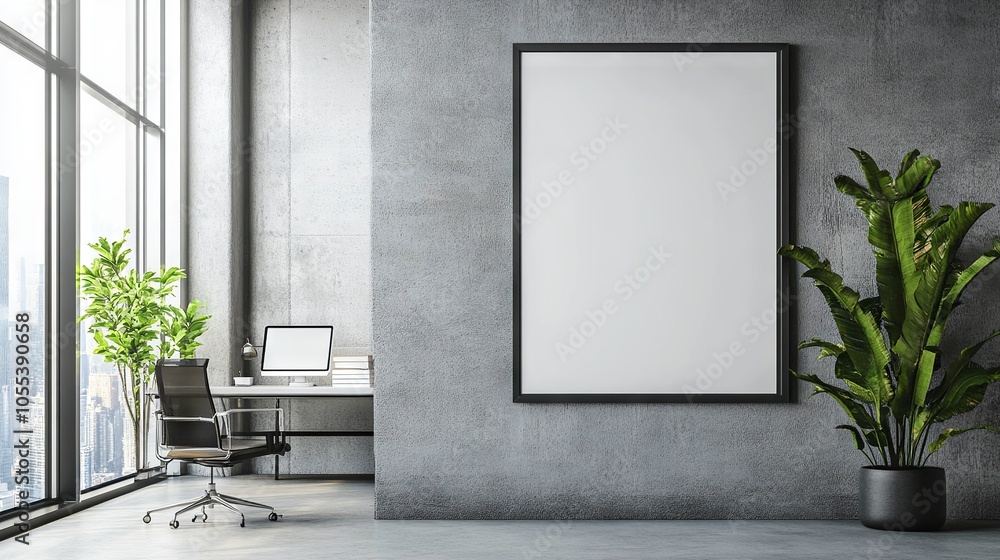 Bright modern office interior featuring empty poster frame on white wall, spacious and minimalist workspace design, contemporary professional business environment, clean corporate office space Bright modern office interior featuring empty poster frame on white wall, spacious and minimalist workspace design, contemporary professional business environment, clean corporate office space