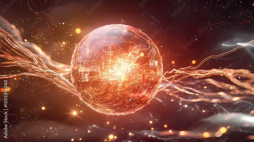 A glowing orb with intricate circuitry is surrounded by swirling energy against a dark background. A glowing orb with intricate circuitry is surrounded by swirling energy against a dark background.