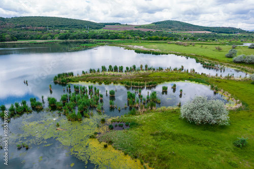 Wallpaper Mural Aerial view of tranquil grassland and lush forest surrounding a serene lake with a winding river, Strashimirovo Village, Bulgaria. Torontodigital.ca