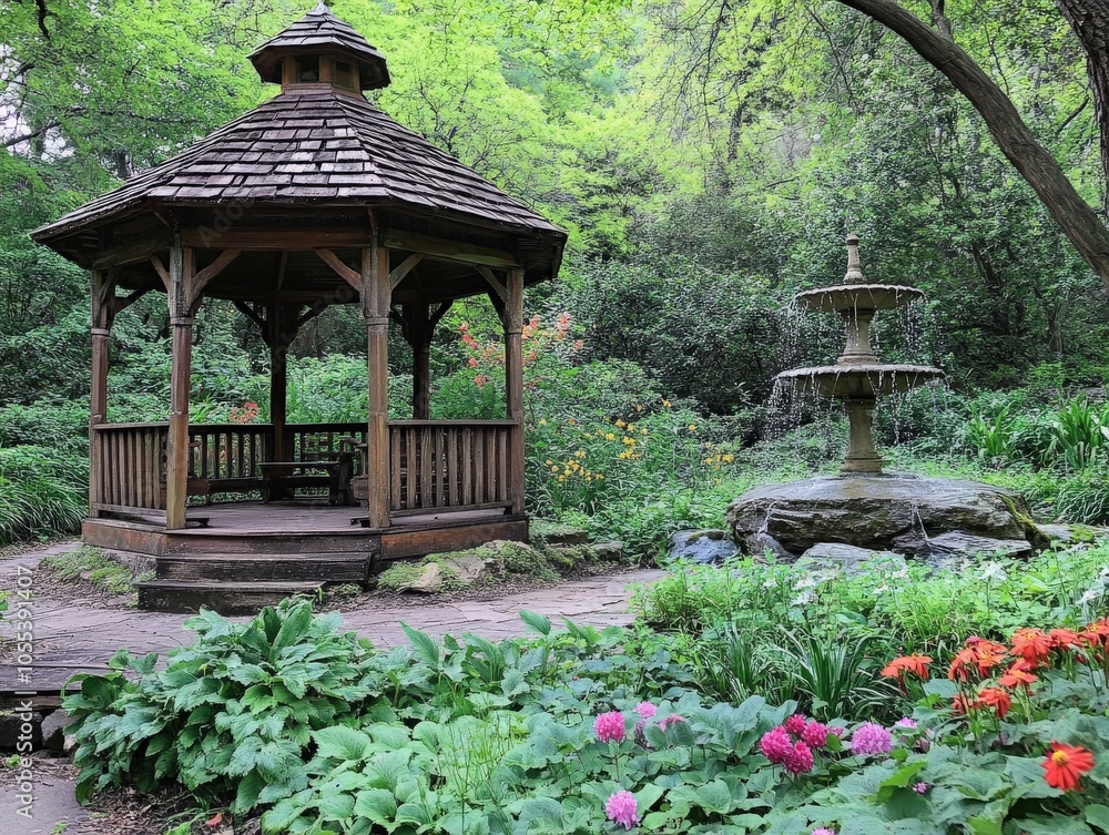 Wood Gazebo in Garden: Serene Setting with Flowers and Rock Fountain Wood Gazebo in Garden: Serene Setting with Flowers and Rock Fountain