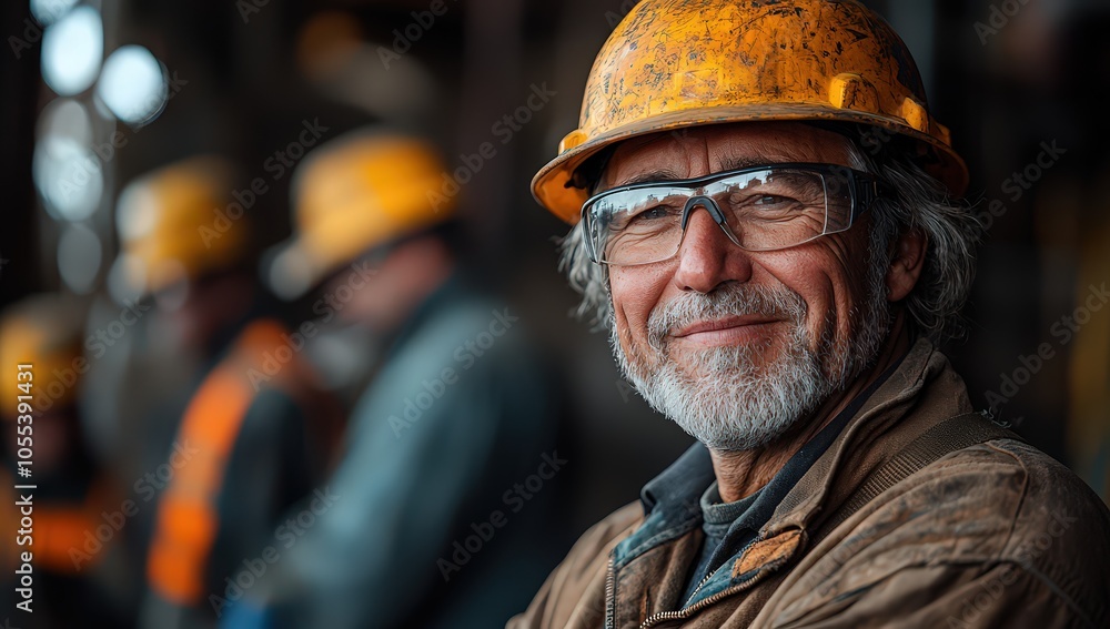 smiling middle-aged worker wearing a hard hat and safety glasses in a steel plant. Several workers are visible in the background, smiling middle-aged worker wearing a hard hat and safety glasses in a steel plant. Several workers are visible in the background,