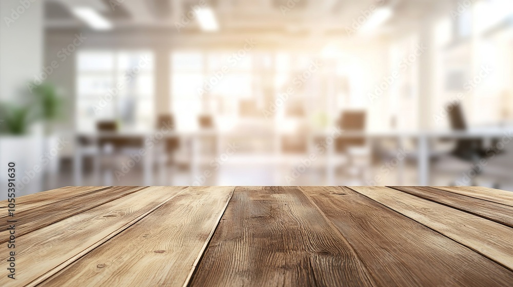 Wooden tabletop with blurred bokeh office interior background for product display and presentation Wooden tabletop with blurred bokeh office interior background for product display and presentation