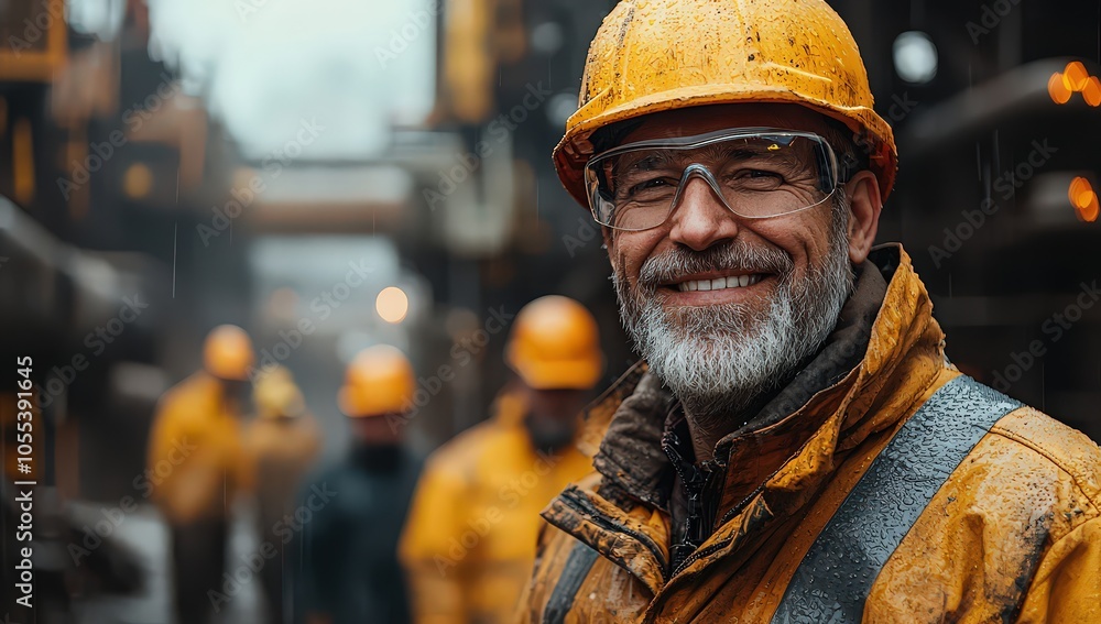 smiling middle-aged worker wearing a helmet and safety glasses. In the background, there is a group of workers at a steel plant. smiling middle-aged worker wearing a helmet and safety glasses. In the background, there is a group of workers at a steel plant.