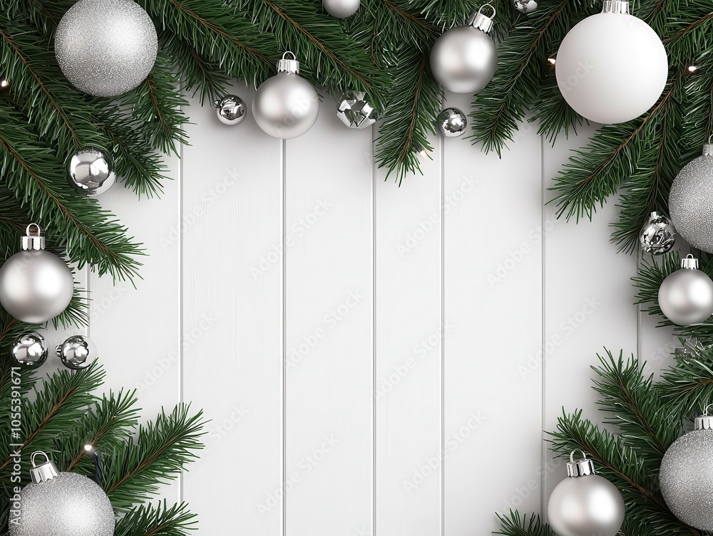 A festive wreath of evergreen branches adorned with silver and white ornaments, set against a white wooden background, creating a seasonal decoration. A festive wreath of evergreen branches adorned with silver and white ornaments, set against a white wooden background, creating a seasonal decoration.