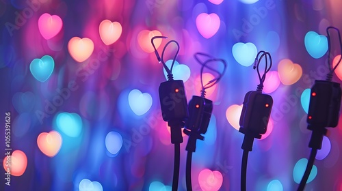 Tens connected electro stimulators on background with multicolored hearts photo