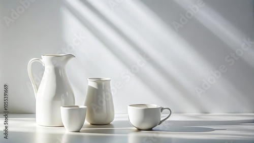 A minimalist composition of white ceramic vessels bathed in soft sunlight, creating a serene and timeless visual aesthetic.