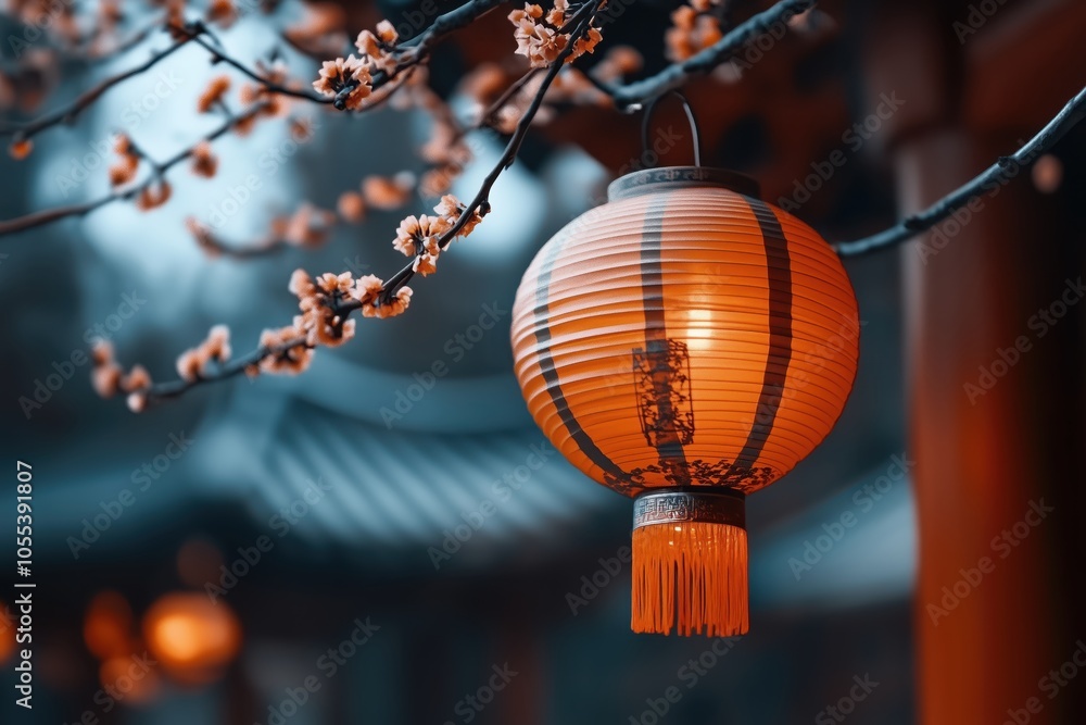 Obraz premium A glowing lantern swaying gently among cherry blossoms in a serene traditional setting