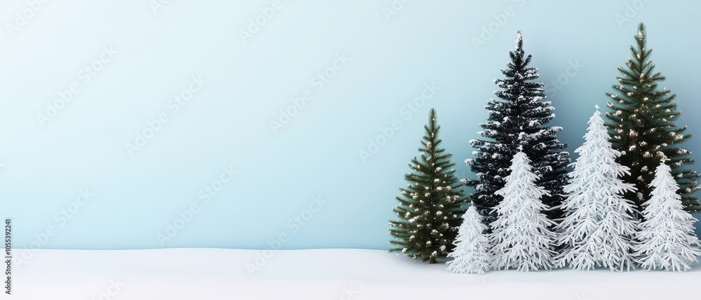 Obraz premium A serene winter scene featuring evergreen trees adorned with snow against a pale blue sky, creating a tranquil and festive atmosphere.