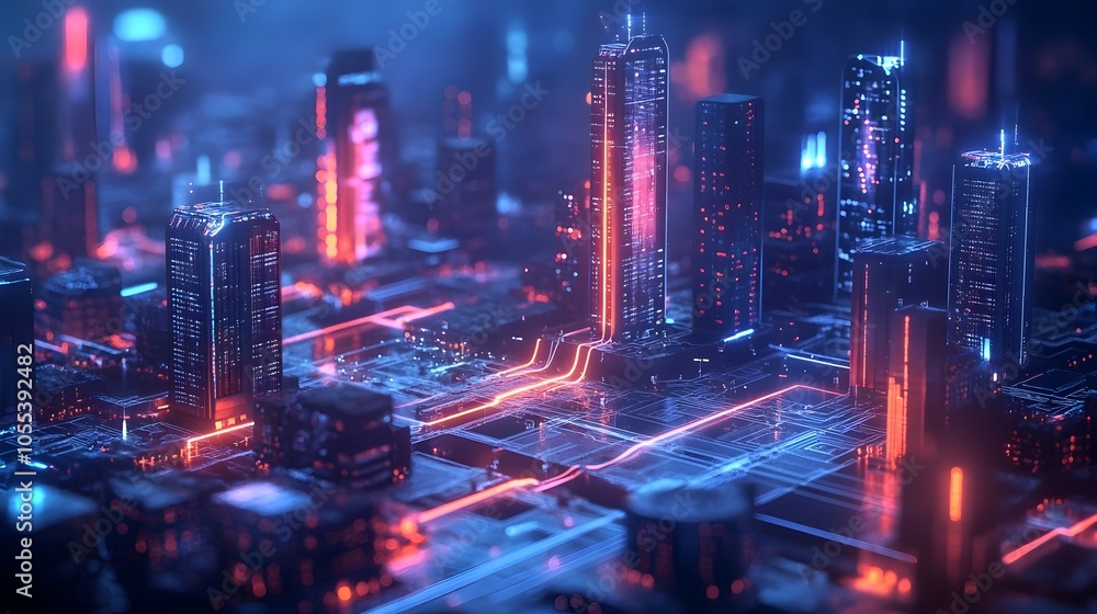 Futuristic Smart City Skyline Illuminated by Neon Lights and Connected Infrastructure Futuristic Smart City Skyline Illuminated by Neon Lights and Connected Infrastructure