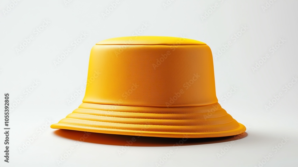 Fototapeta premium Minimalist bucket hat in bright yellow, centered on a white background, sharp detail with a subtle shadow for a clean look