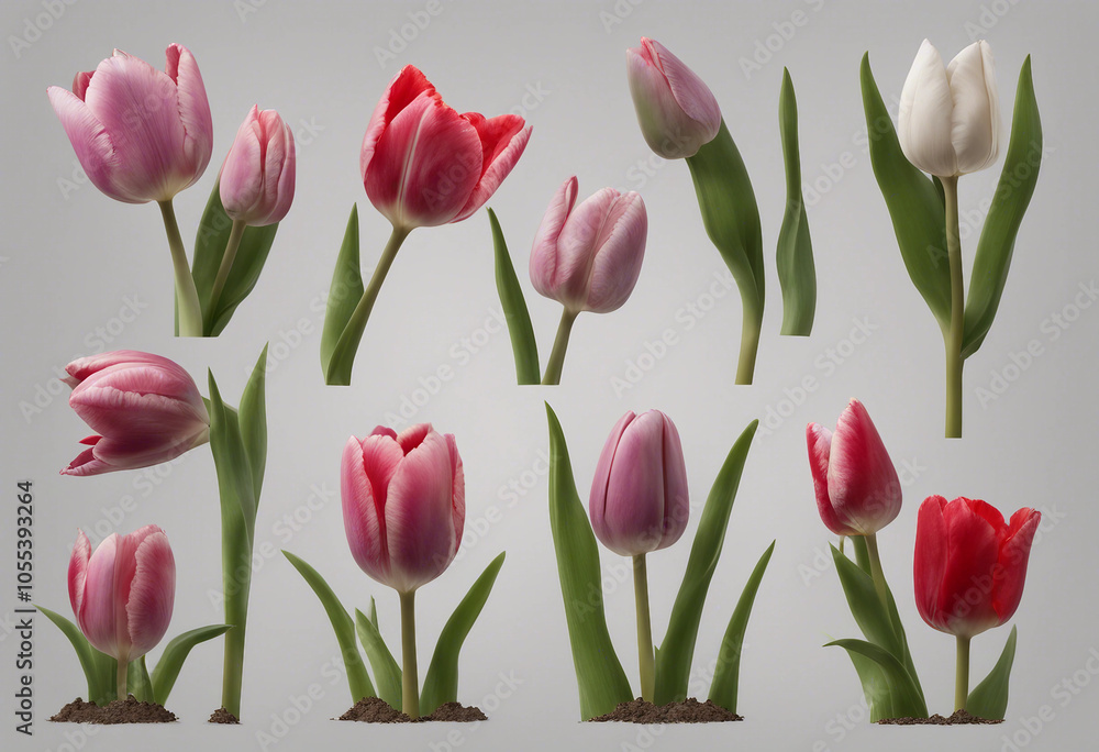 Set of beautiful blooming tulip flowers growing in the soil isolated on transparent background Set of beautiful blooming tulip flowers growing in the soil isolated on transparent background