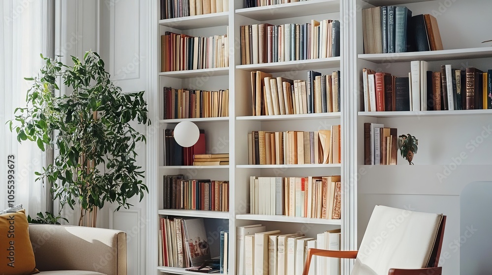White wooden bookcase filled with an assortment of books in a cozy uk home living room, featuring a bright and minimalist interior design White wooden bookcase filled with an assortment of books in a cozy uk home living room, featuring a bright and minimalist interior design