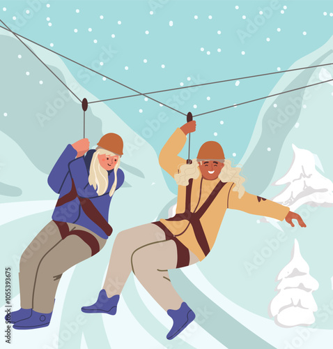 People in helmet climb in rope park with zipline. Excited friends ride on zip line. Characters overcome challenges, walk obstacle course in mountain. Winter active recreation. Flat vector illustration