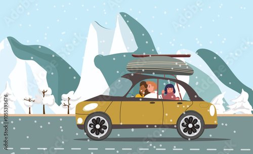 Happy family on a winter snow road trip, snowy mountains and Christmas trees landscape, winter vacation trip, road trip, highway, flat design hand drawn vector illustration.