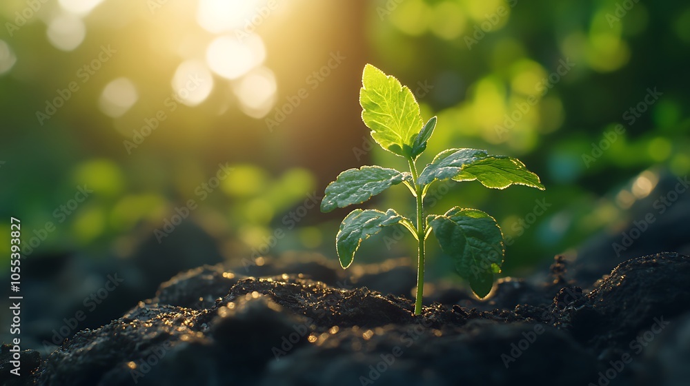 Green sprout reaching up towards sunlight concept of ecological care and sustainability Green sprout reaching up towards sunlight concept of ecological care and sustainability