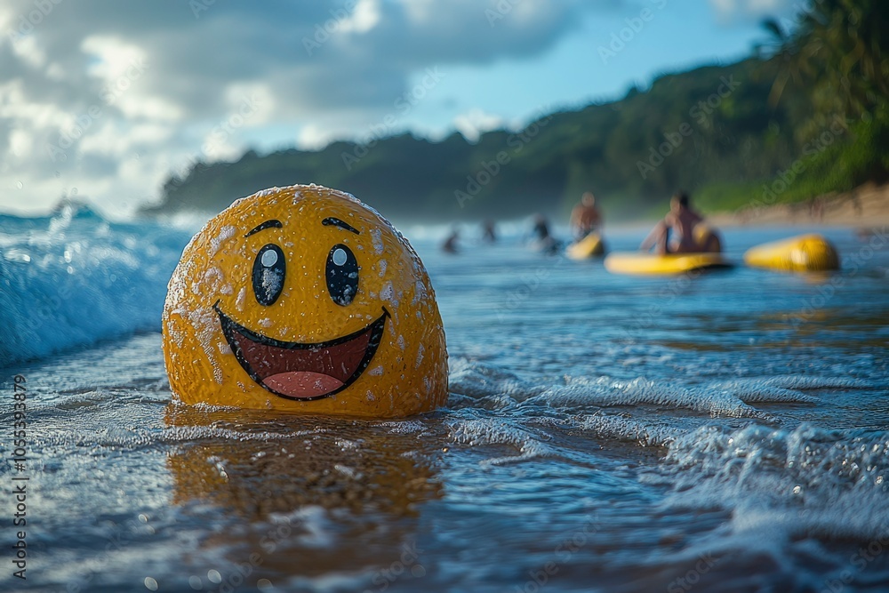 Naklejka premium Smiling Yellow Inflatable Floating in Ocean Waves