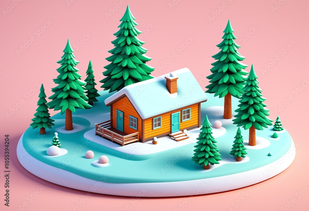 Naklejka premium Whimsical winter cabin in a snowy forest with pine trees on pastel background