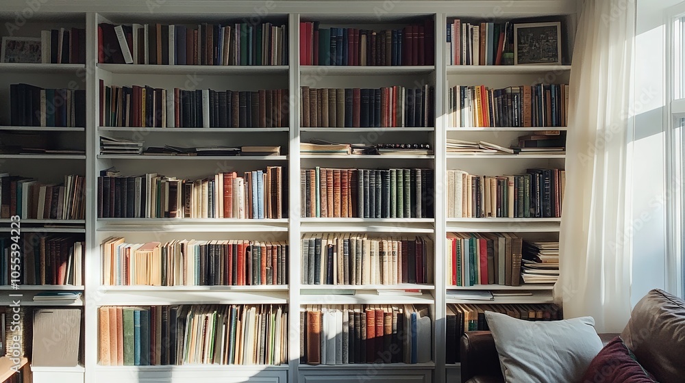 White wooden bookcase filled with an assortment of books in a cozy uk home living room, featuring a bright and minimalist interior design White wooden bookcase filled with an assortment of books in a cozy uk home living room, featuring a bright and minimalist interior design
